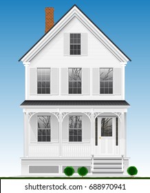 A typical and classic American house made of wood painted with white paint. Two floors, basement and attic. View from the facade.