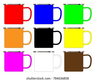 A typical collection of enamel tin cups over a white background
