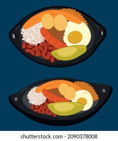 typical colombian food, contains rice, beans, ground beef, avocado, banana, chorizo and colombian arepas.