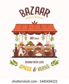 Typical Colorful Spices And Dried Seeds On Street Markets. Spices And Herbs. Bazaar Vector