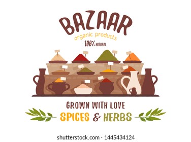 Typical colorful spices and dried seeds on street markets. Spices and herbs. Bazaar vector