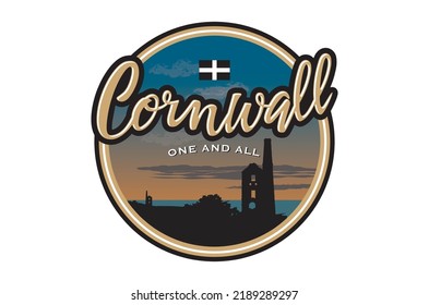 Typical Cornish summer evening skyline silhouette of tin mines and hedegerows with the word 'Cornwall' as hand drawn script. The Cornish flag is at the top and the Cornish motto 'One for all' below