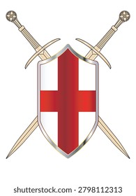 A typical crusader type shield with the typical red cross with crossed broadswords