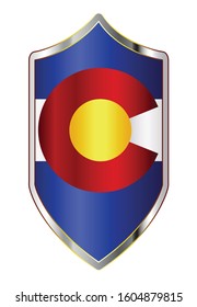 A typical crusader type shield with the state flag of Colorado all isolated on a white background