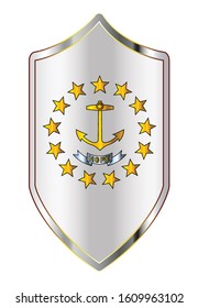 A typical crusader type shield with the state flag of Rhode Island all isolated on a white background