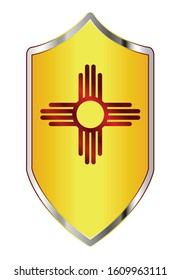 A typical crusader type shield with the state flag of New Mexico all isolated on a white background