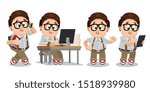 Typical day of clever and studious student in glasses, shirt and trousers. Brown haired plump boy going, keeping books, speaking by smartphone, using tablet, sitting at computer desk, waving hand