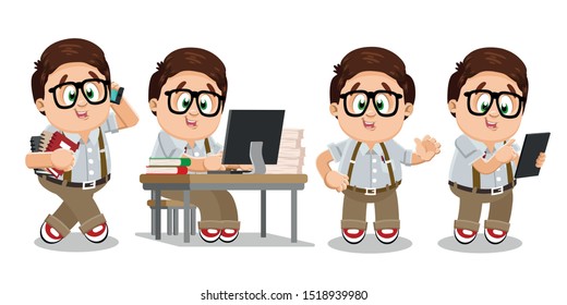 Typical day of clever and studious student in glasses, shirt and trousers. Brown haired plump boy going, keeping books, speaking by smartphone, using tablet, sitting at computer desk, waving hand