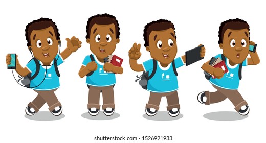 Typical day highlights of african-american student, guy with backpack.  teen listening to music over earphones, standing with copybooks, taking selfie, running, speaking by phone. Vector set.