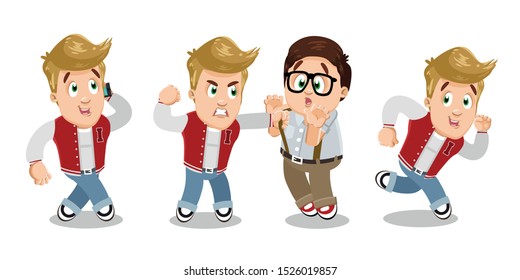 Typical day highlights of blond guy, caucasian student in red vest and jeans. Sportive teen going, running, speaking by smartphone, bullying to plump spectacled boy. Cartoon vector set on white.