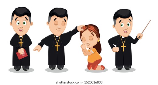 Typical day highlights of catholic priest in black cassock with pectoral cross on breast. Brunet man in priestly garb standing with holi bible, pointer stick, give blessing to girl, shriving. Set.