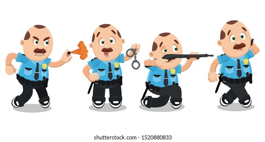 Typical day highlights of plump mustached police officer in blue uniform. Brown haired policeman, cop using pepper spray, keeping handcuffs, firing a rifle, speaking by cellphone. Vector set on white.