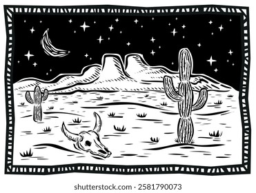 Typical desert landscape of America. Cactus, succulents, mountains, rocks, moon and stars. Vector illustration in woodcut or linocut style.