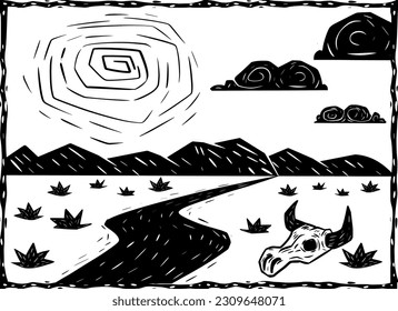 Typical desert scenery with a road and cow skull on the ground. Woodcut style and cordel literature.