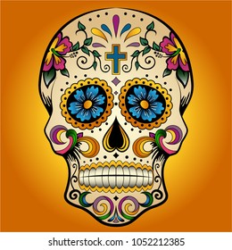 Typical Dia de los muertos Mexican mask painted on a Skull