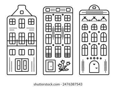 Typical Dutch architecture, three canal houses in Amsterdam style. Set of black line Netherland buildings, vector illustration