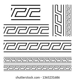 Typical egyptian, assyrian and greek motives vector borders symbols set. Greek key. Arabic geometric islamic art. Abstract geometric frames. Vector and illustration.