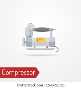 Typical electric air compressor with pressure gauge. Modern isolated car tool in flat style. Power tool for inflating tyres. Vector stock image.