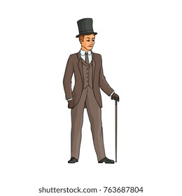 Typical English gentleman in three-piece suit and tall hat, walking with a cane, hand drawn vector illustration isolated on white background. Full length portrait of typical retro English gentleman