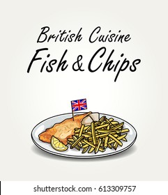 Typical English Meal Fish and Chips on Plate