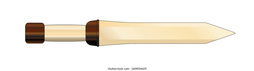 A typical eooden rudis Roman gladiator sword set on a white background