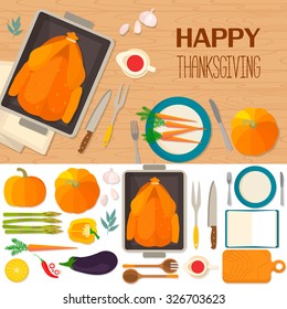 Typical festive Thanksgiving dinner: roast turkey, cranberry sauce, pumpkin, vegetables. It can be used for menus, culinary blog, invitations to dinner. Vector background and objects illustrations.