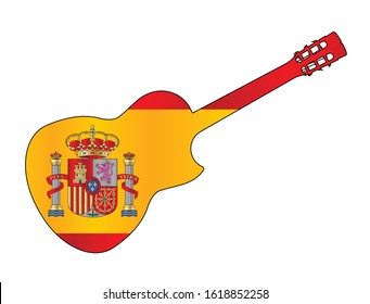 A typical Flamenco Spanish acoustic guitar isolated over a white background with flag of Spain inset