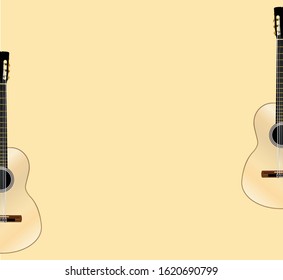 A typical Flamenco Spanish acoustic guitar set in 2 halves on a pale yellow background