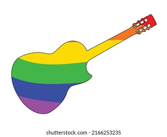 A typical Flamenco Spanish acoustic guitar isolated over a rainbow LGBT waving flag