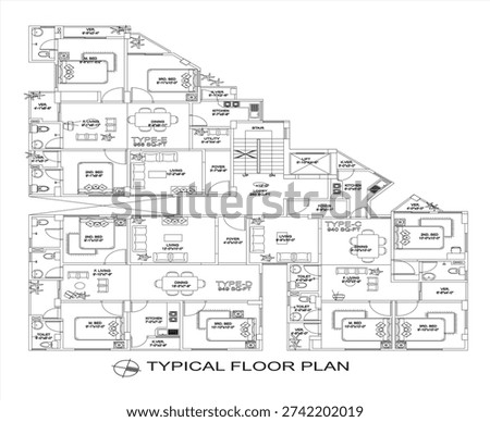 Typical floor plan including dining and bedroom layout, residential architectural design, detailed building arrangement – clean CAD-style vector illustration isolated on white background. EPS 10.