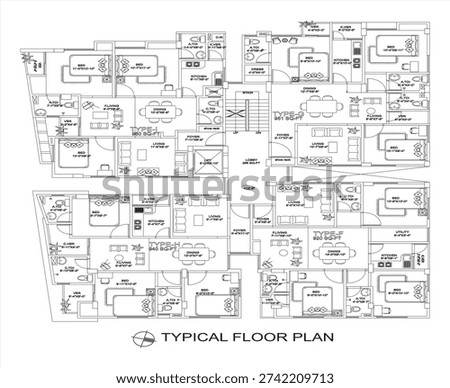 Typical floor plan layout, residential architectural design, detailed building arrangement – clean CAD-style vector illustration isolated on white background. EPS 10.