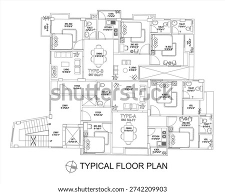 Typical floor plan layout, residential architectural design, detailed building arrangement – clean CAD-style vector illustration isolated on white background. EPS 10.