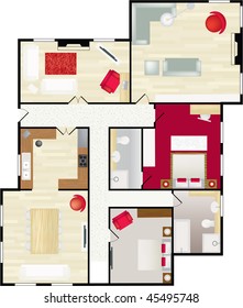 Typical floorplan of a house in colour with furnishings