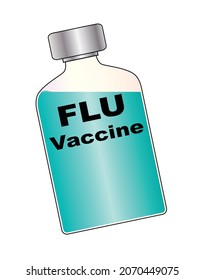 A typical flu vaccine bottle containing a blue liquid with the text Flu Vaccine all over a white background