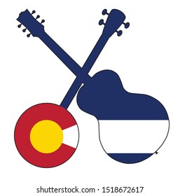 A typical four string banjo in silhouette with an acoustic guitar over the Colorado state flag on a white background