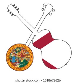 A typical four string banjo in silhouette with an acoustic guitar over the Florida state flag on a white background