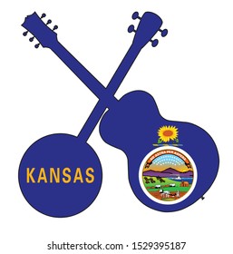 A typical four string banjo in silhouette with an acoustic guitar over the Kansas state flag on a white background