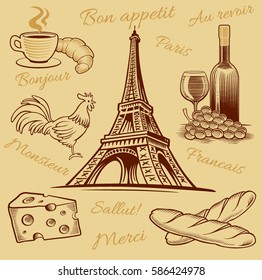 typical france food, croissant, wine, cheese, eiffel tower hand drawing
