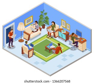 Typical freelance day isometric composition with people sharing working space in apartment cozy living room  vector illustration