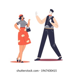 Typical French Cartoon Characters: Male Mime Artist And Female Wearing Stereotypical France Clothes. Stereotypes About Paris Concept. Flat Vector Illustration