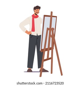 Typical French Character Street Painter with Dali Mustaches Wear red Scarf Stand at Easel, Man Wearing France Traditional Clothes. Paris in Stereotypes Concept. Cartoon People Vector Illustration