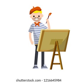 Typical French male artist. The guy draws a picture on the easel in striped clothes and take. European character.
