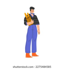 Typical French Man Character in Blue Pants Standing with Fresh Baked Baguette Vector Illustration