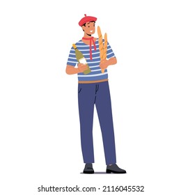 Typical French Man Wear Red Beret and Striped T-shirt Hold Wine Bottle and Fresh Baguettes. Male Character in Traditional France Clothes. Parisian Lifestyle Concept. Cartoon People Vector Illustration