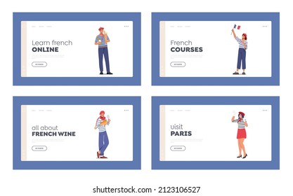 Typical French People Landing Page Template Set. Characters Group Wear France Traditional Clothes Mime, Painter, Woman in Beret with Flag, Man Hold Baguettes and Wineglass. Cartoon Vector Illustration