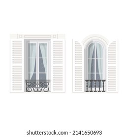 Typical french windows with wooden shutters. A window in a classic frame with a pediment and trim. Element of architectural decoration of the facade of the building. Vector Illustration.