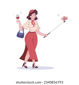 A typical French woman with glasses of wine takes a selfie. Female character in clothes, learns a foreign language, tourism. Cartoon people vector illustration