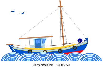 Typical Greek Island Boat, Blue Sea And Flying Gulls Vector. Nautical Theme, Greek Coaster 