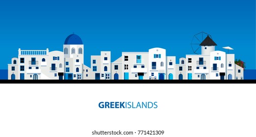 Typical Greek island houses. Blue sky and sea on the background