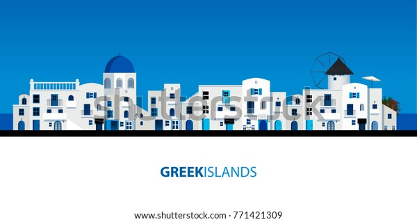 Типичные греческие дома на острове. Голубое небо и море на фоне